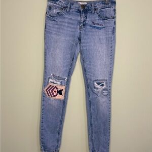 Free People patchwork Jeans embroidery distressed holes 28 waist 31 length woman